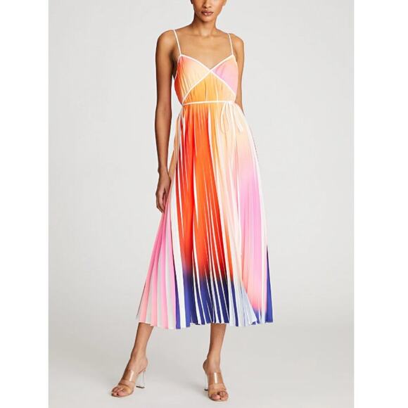 Halston Size 14 Mollie Dress Orange White Pleated Vibrant Date Night Wedding - Picture 1 of 16